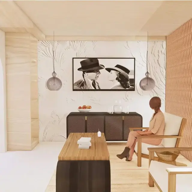 An elegant and calming reception lobby at Vivienne featuring a refined concierge desk, warm lighting, and timeless interior design.