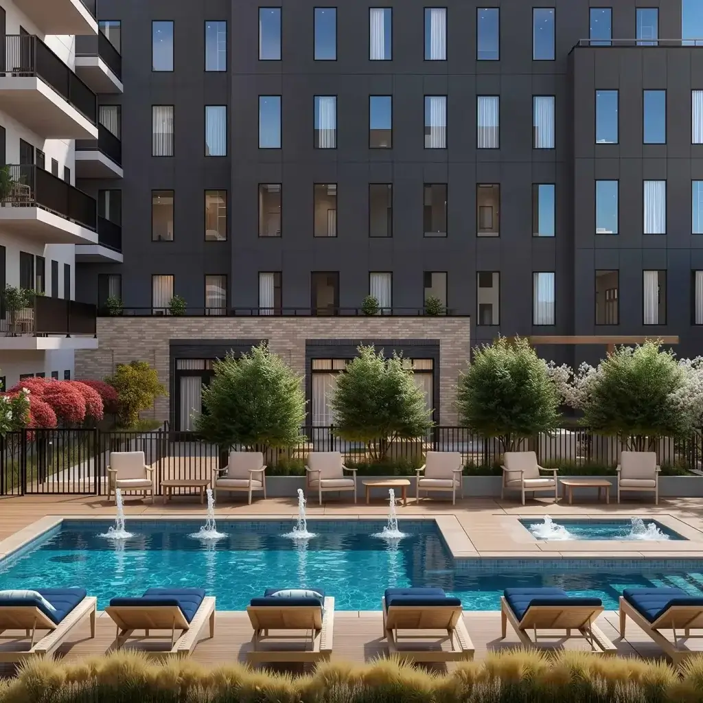 Resort-inspired outdoor pool at Vivienne surrounded by an elegant courtyard with grilling stations and comfortable lounge seating.