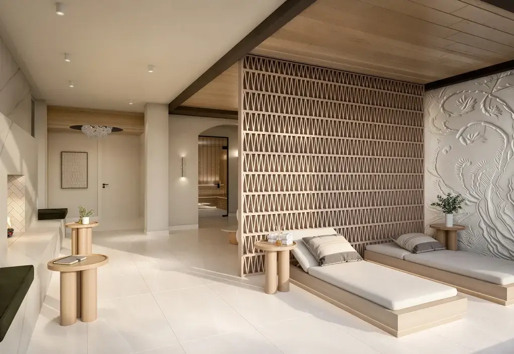 Vivienne’s luxury sauna and spa space showcasing natural wood finishes, soft ambient lighting, and a refined, serene atmosphere.