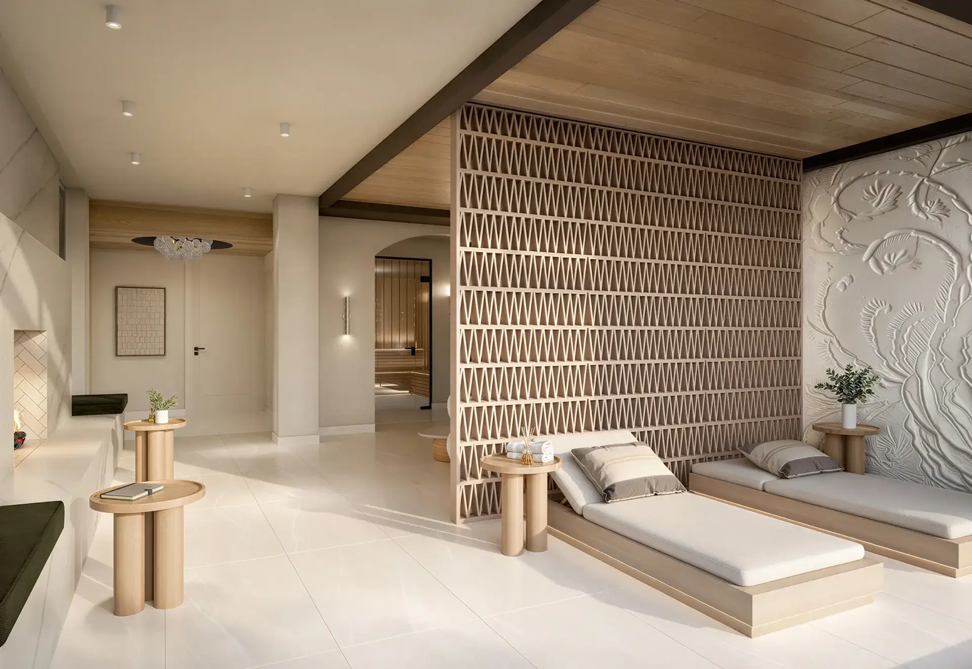 Vivienne’s luxury sauna and spa space showcasing natural wood finishes, soft ambient lighting, and a refined, serene atmosphere.